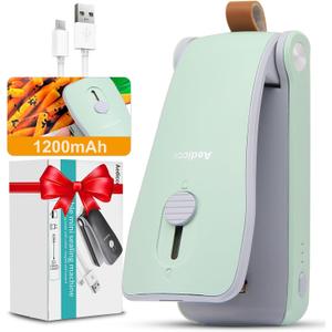 Mini Bag Sealer, USB Rechargeable Chip Bag Sealer Heat Seal, 2 in 1 Bag Sealer Heat Seal with Cutter, Portable Bag Resealer for Plastic Bags Snacks & Food Storage(Green)
