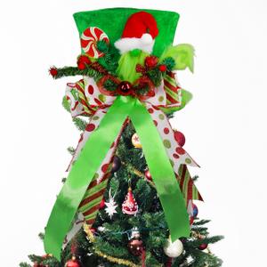 Christmas Tree Topper, Christmas Decorations Indoor, Large Green Velvet Hat with Glitter Ribbon Bow, Christmas Tree Ornaments Decorations for Home, Xmas Holiday Winter Gift Decor