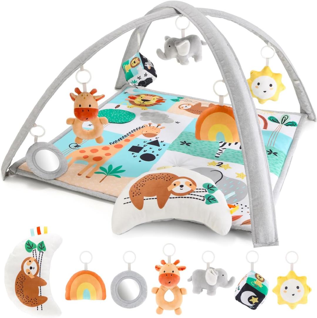 The Peanutshell Unisex Baby Play Gym & 7-in-1 Play Mat - Playmat Baby Toys 0-6, 6-12 Months Tummy Time Mat with Hanging Toys, Soft Padded for Newborns, Infants - Safari