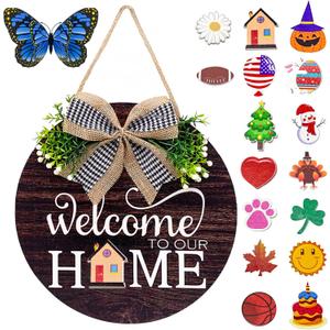 Interchangeable Seasonal Welcome Sign Front Door Decorations, Round Wood Wreath for Outdoor, Farmhouse, Porch Perfect for New Home Housewarming Gift, Valentine's, Easter, Christmas Home Decor (Brown)