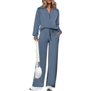PRETTYGARDEN Women's 2 Piece Outfits Casual Lapel Half Zip Sweatshirts and Wide Leg Pants Tracksuit Sets (Blue, L)