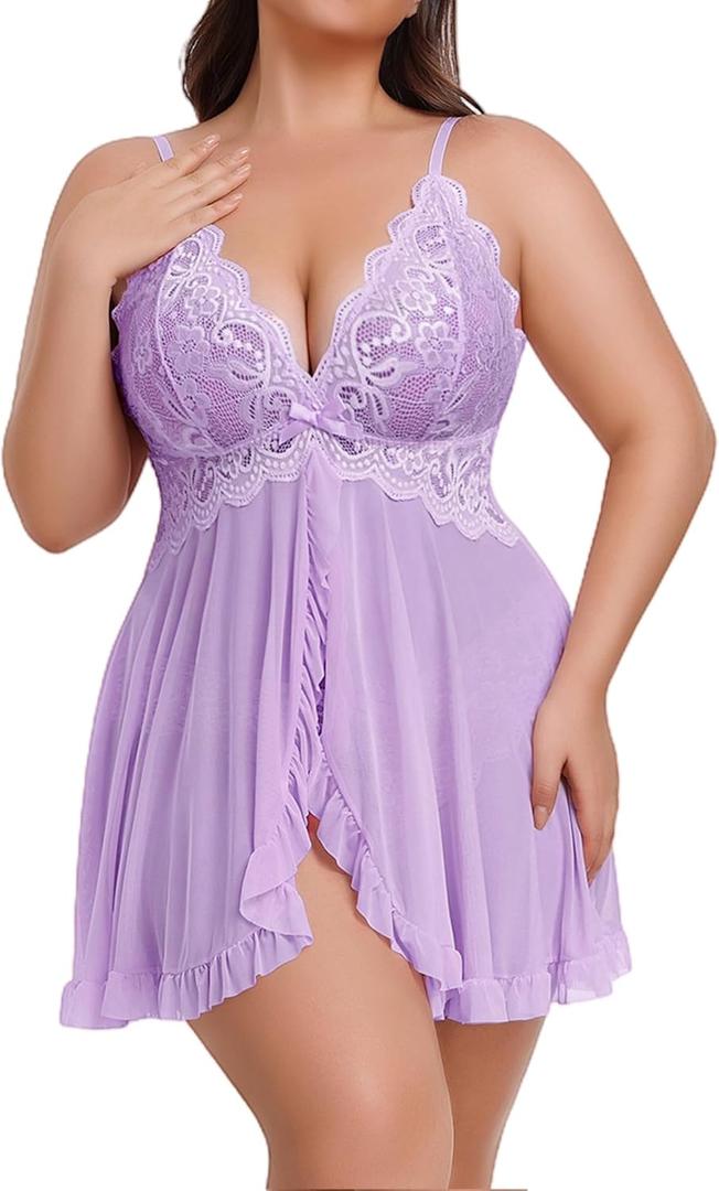 Avidlove Plus Size Lingerie for Women Sexy Lingerie Dress Lace Babydoll Lingerie V-Neck Open Front Strap Nightdress (Large, Lilac)