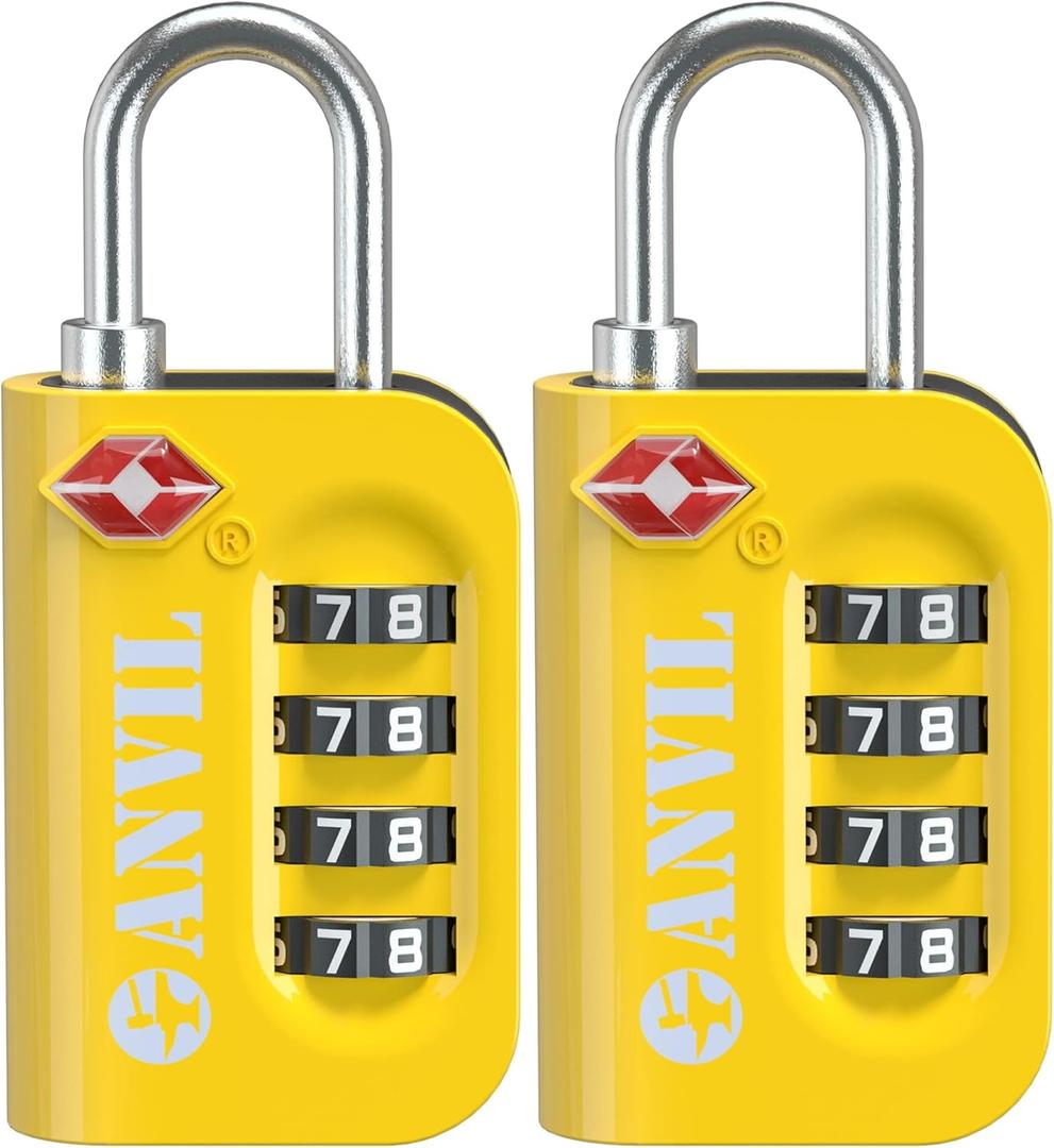 ANVIL TSA Approved Luggage Lock - 4 Digit Combination, 10,000 Combinations, Easy-Read Password Window, Travel Lock for Suitcases, Backpacks, Gym & Student Lockers, Baggage (YELLOW 2 PACK)
