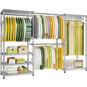 Ulif E1 Heavy Duty Closet Garment Rack, 6 Tiers Adjustable Metal Freestanding Expandable Clothing Storage with 4 Hanger Rods, Easy to Assemble Wardrobe, 71.4" H x (70" - 88.2") L x 14" D, Chrome