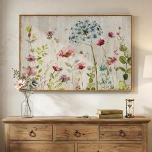 Framed Vintage Floral Wall Art, Rustic Colorful Flower Canvas Prints Artwork for Walls, Natural Watercolor Botanical Wildflower Pictures for Living Room Bedroom Dining Room Office Wall Decor, 24x36 In