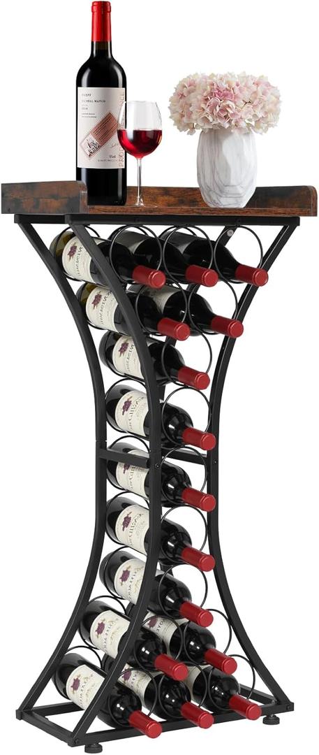 VEVOR 15 Bottle Wine Rack,Iron Freestanding Floor Wine Holder, Mini Bar Stand Liquor Cabinet with Wood Tabletop, for Home Bar,Kitchen,Living Room,Dining Room,16.9''L X 11.4''W X 35.2''H