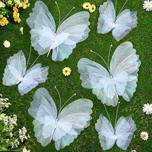 Geelin 6 Pcs Giant Artificial Butterfly Party Decorations 20 Inch 12 Inch 3D Silk Butterfly Hanging Wall Decorations for Baby Shower Decor Girls Women Birthday Party Wedding Homes Supplies (White)
