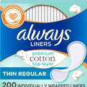 Always Premium Cotton Panty Liners for Women, Individually Wrapped Pantiliners, Unscented, Fragrance Free, Made with a Premium Cotton Top Layer, Regular Absorbency, 200 Count