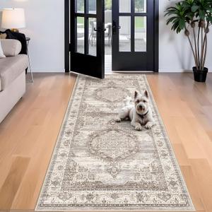 Washable 4x8 Hallway Area Rug: Vintage 8ft Water Resistant Soft Runner Rug for Entry Kitchen Non Slip Wide Low Pile Carpet for Living Room Bedroom Thin Floor Mat for Bathroom Dining Room (Beige,4x8)