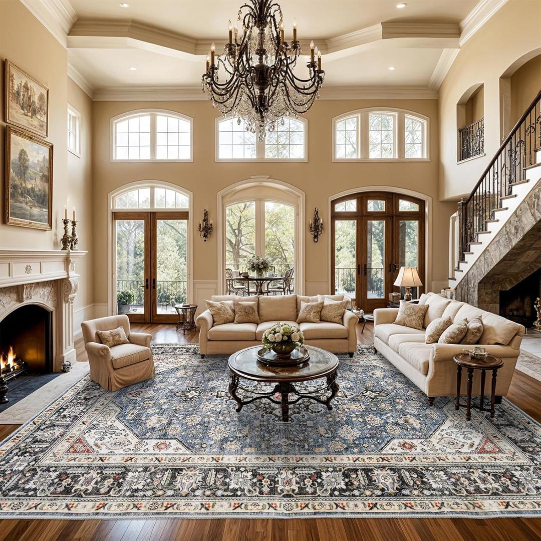 10x14 Area Rugs Living Room: Extra Large Washable Area Rug Super Soft Distressed Oriental Rugs with Non-Slip Backing Farmhouse Rug Low Pile Thin Stain Resistant Indoor Carpets 10'x14' Blue/Multi