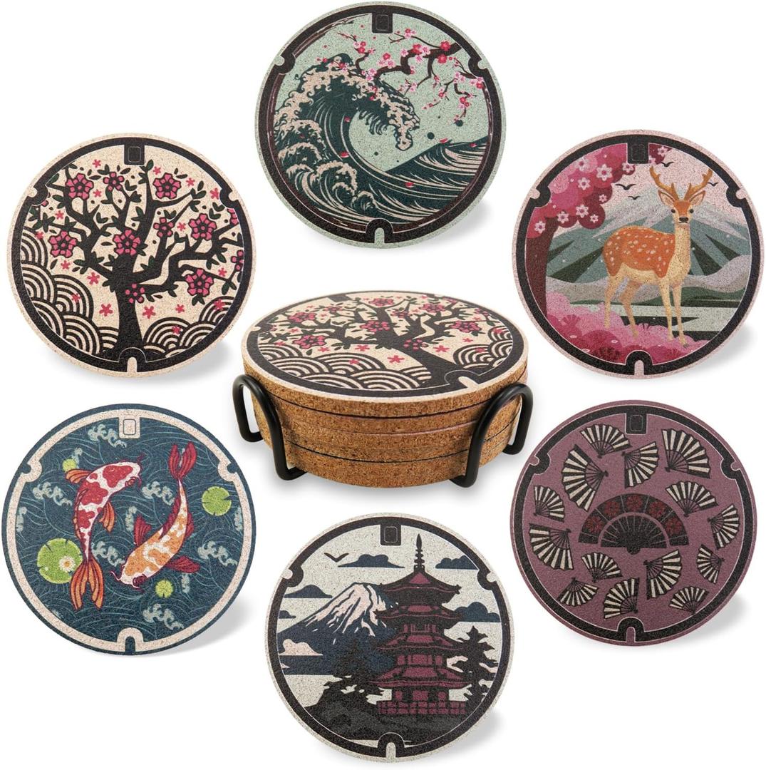 Japanese Coasters Japan Manhole Design Coasters for Drinks Cherry Blossom Koi Pagoda Deer Cork Coasters for Coffee Table Housewarming Birthday Gifts Set of 6