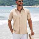 COOFANDY Men's Short Sleeve Button Down Shirts Summer Casual Textured Shirt Vacation Beach Wedding Shirts with Pocket (Beige, M)