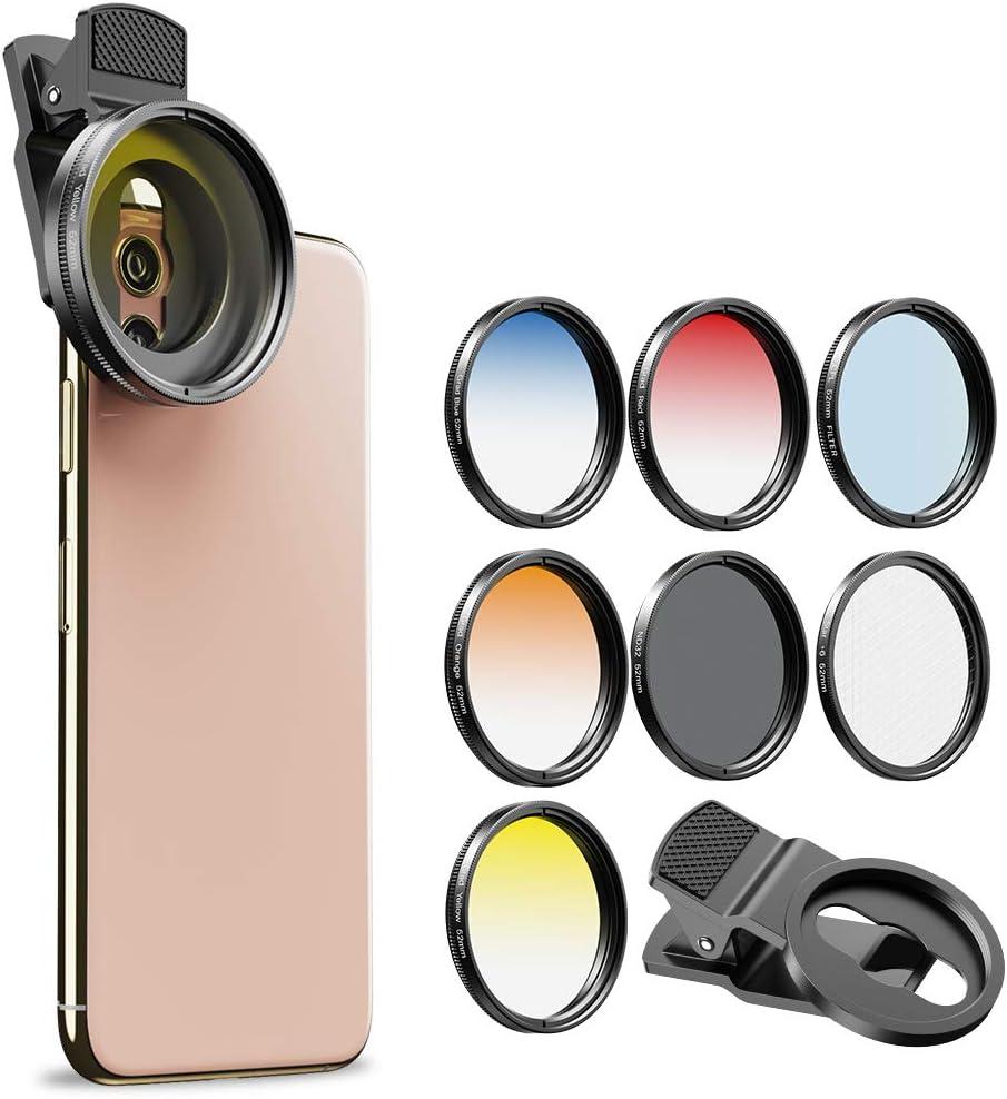 Apexel 52mm Filter Lens Kit (Graduated Filter Lens-Red Orange Yellow Blue, CPL, ND32, Star Lens-6 Point) for Smartphone Camera Canon Nikon Sony Olympus