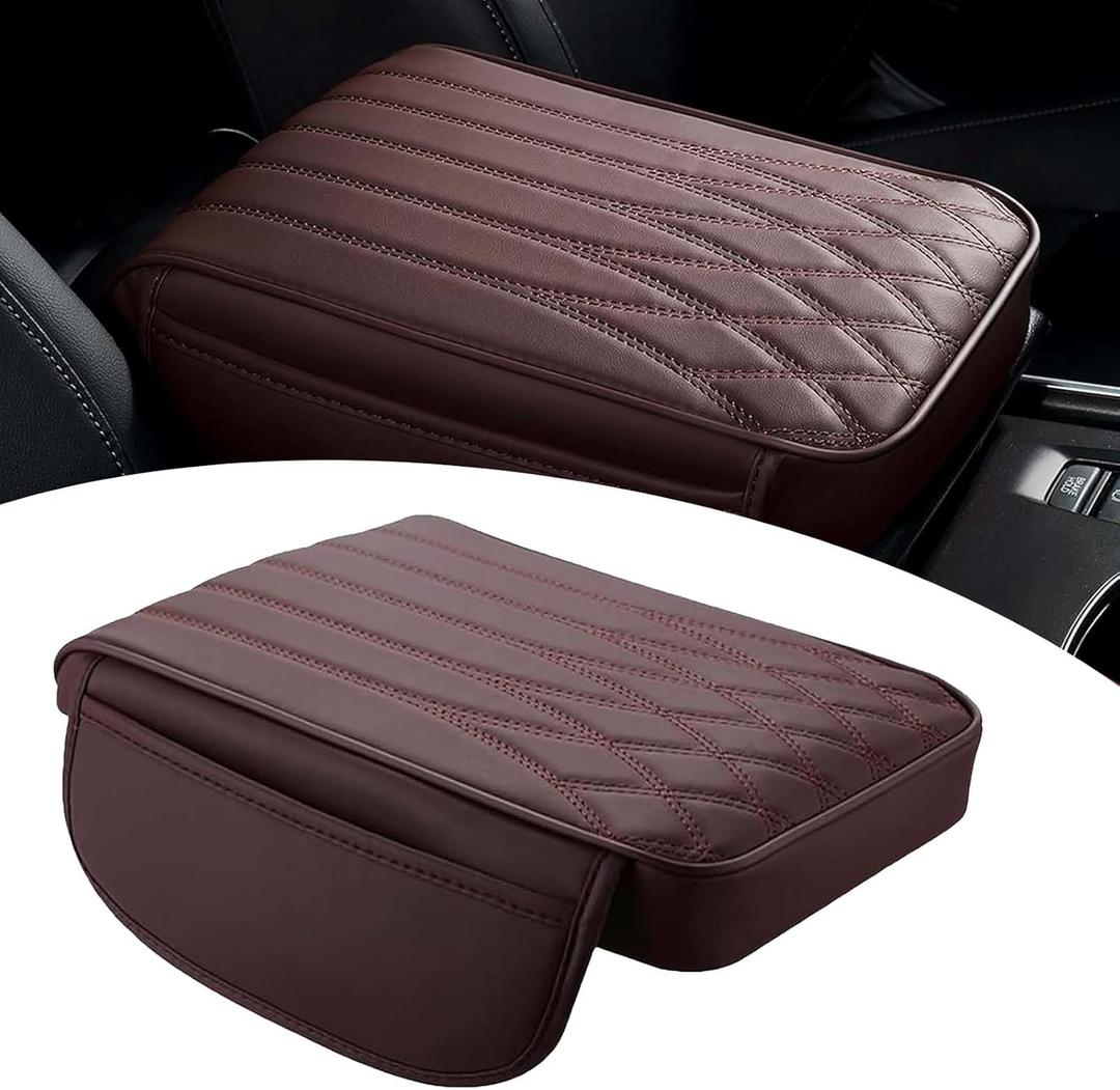 Upgraded Car Center Console Cover, Heightening Car Armrest Cushion, Leather Armrest Cover Cushion with 2 Storage Bags, Universal Auto Armrest Storage Box for Most Vehicles (Brown)