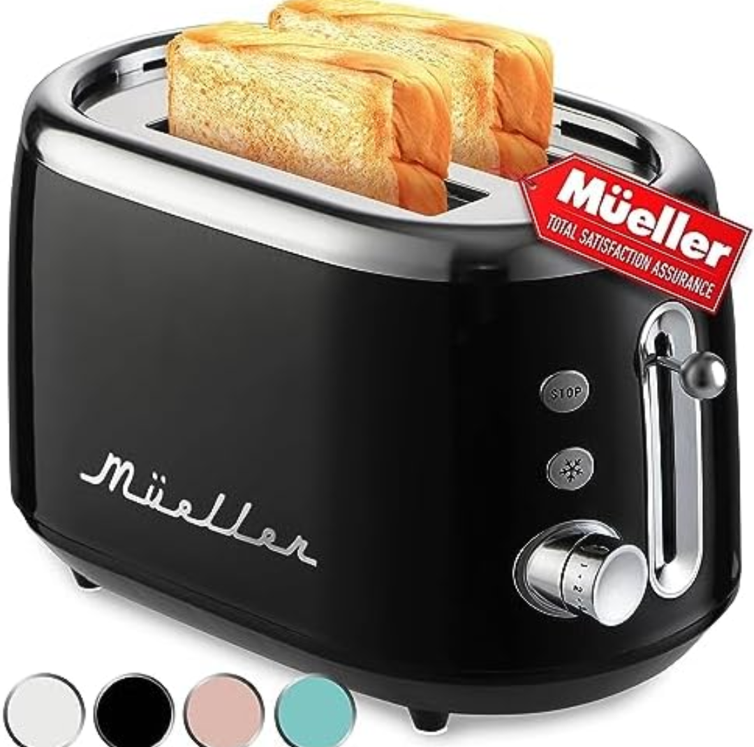 MÜELLERHOME Retro Toaster 2 Slice, 7 Browning Levels, 3 Functions (Reheat, Defrost, Cancel), Stainless Steel Features, Removable Crumb Tray, Under Base Cord Storage, Black 2 Pack