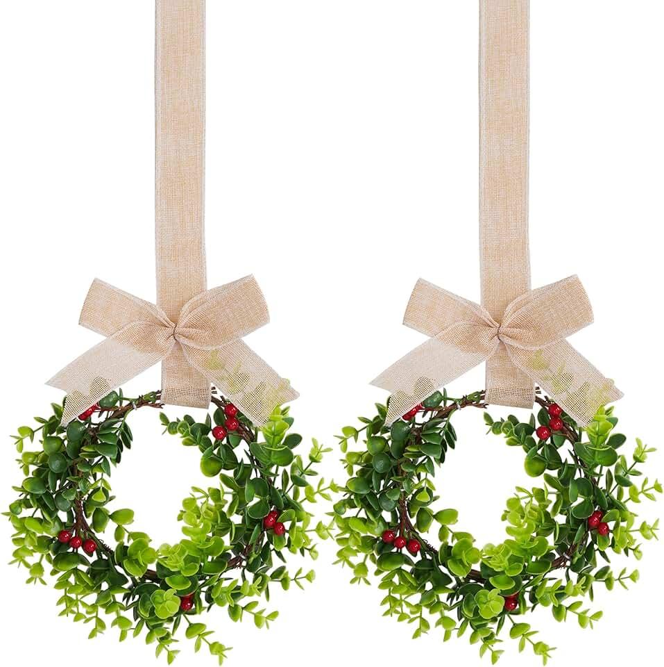 jiebor 2Pcs Mini Christmas Wreaths for Cabinets Small Green Hanging Wreath Ornament for Winter Holiday Home Outdoor Indoor Window Tree Crafts Decorations 25 x 10 Inch