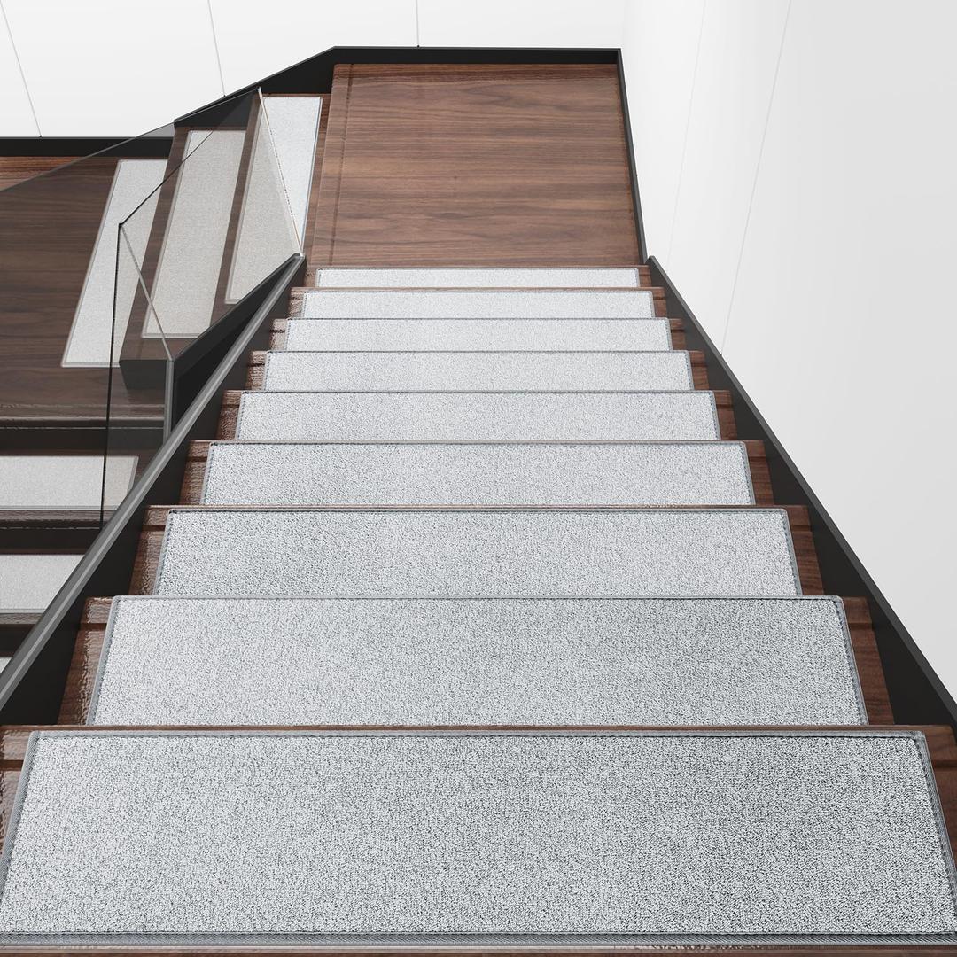 Hargiis Stair Treads for Wooden Steps Non-Slip Carpet, 15 PCS Polyester Indoor Stair Mats with Rubber Backing, No Adhesive, Safety Stair Runners for Kids, The Elderly and Pets (Light Grey, 30"x8")