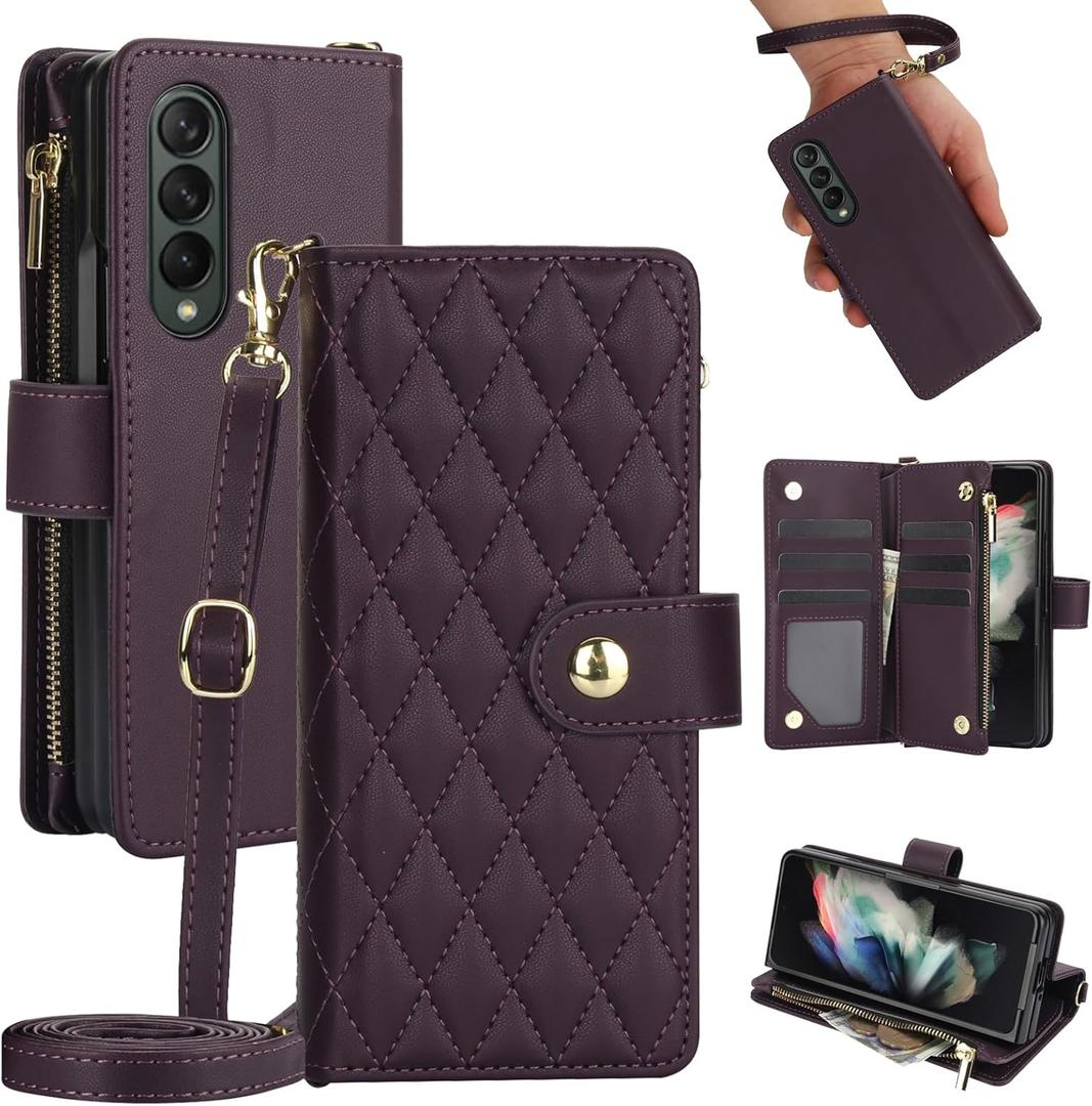 Asuwish Phone Case for Samsung Galaxy Z Fold 3 5G 2021 with Zipper Wallet Cover Card Holder Slot Stand Flip Wrist Strap Mobile Cell Accessories ZFold3 Z3 Fold3 ZFold 3Z ZFold35G Women Men Dark Purple