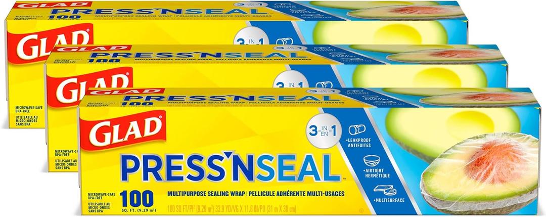 Glad Press'N Seal Plastic Wrap for Food, Griptex Technology, 100 Square Foot Roll (Pack of 3)
