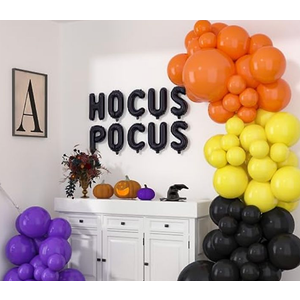 HOUSE OF PARTY Halloween Balloon Arch Kit – 86 Pcs Hocus Pocus Decorations, Yellow, Purple, Orange and Black Halloween Balloons Decorations Halloween Party Decorations Happy Halloween Party Supplies