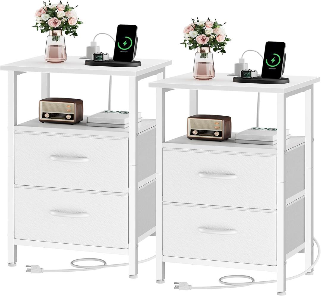 Vagusicc Nightstand Set 2 with Charging Station, End Table with Fabric Drawers, Bedside Table with Open Wood Shelf, 24.2" Tall Side Table with USB Ports & Outlets, Night Stand for Bedroom, White