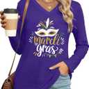 Mardi Gras Shirts for Women Mardi Gras Long Sleeve Shirt Fat Tuesday T Shirts Mask Graphic Tees New Orleans Party V Neck Top, 2XL
