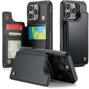 Compatible with iPhone 16 Pro 6.3" Wallet Case with Card Holder RFID Blocking for Women Men, Double Magnetic Clasp Kickstand Shockproof Phone Case Fit for iPhone 16 Pro, Black