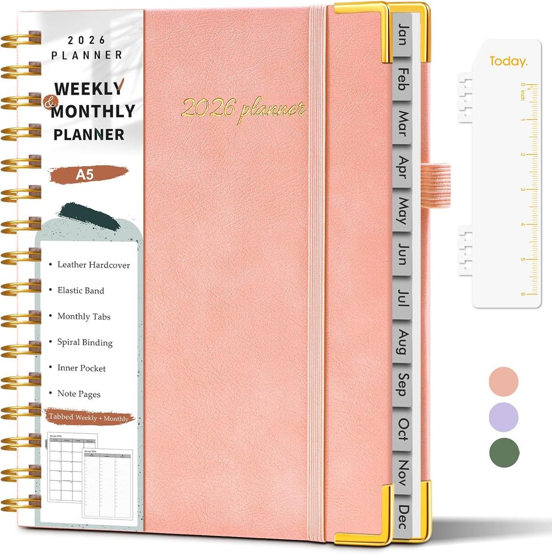 2026 Planner, Weekly and Monthly Calendar Planner from January 2026 - December 2026, 5.75" x 8.38" Hardcover Leather Hourly Appointment Book with Tabs, A5 Spiral Daily Planners for College School Work Home, Pink