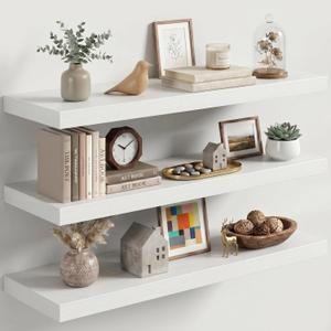 Fun Memories 32 Inch Floating Shelves for Wall, White Wood Wall Mounted Shelf with Invisible Bracket, 10 Inch Deep Large Shelves for Living Room Bathroom Bedroom, Set of 3, 10"D x 32"L-3P