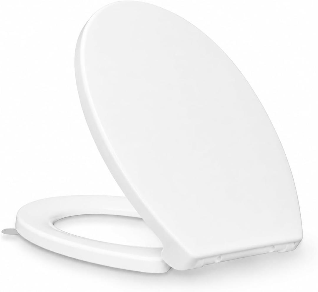 KHE Elongated Toilet Seat 18.5 Inch, Soft Close Toilet Seat with No-Touch Handle, Quick Release for Easy Cleaning, Non-Slip Bumpers, Durable PP, White
