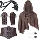 Medieval Knight PU Leather Corset Belt Shawl Men Renaissance Half Shoulder Cape Scarf Buckle Bracers Retro Accessories (One Size, Type1)