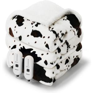 Cow Print Heated Electric Blanket King Size-Dual Control Heating Blanket King Size with 5 Heat Levels & 10 Hours Auto-Off, Cozy Soft Fleece Sherpa, Washable, 90x100 Inche (Cow Print White)