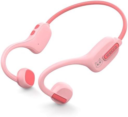 IFECCO Kids Open Ear Headphones - Kids Girls Bluetooth 5.3 Conduction Headphones with Mic,Ultra-Light,IPX11 Waterproof and Safer for Children Wireless Headphones,Perfect for School Travel Gifts (Pink)