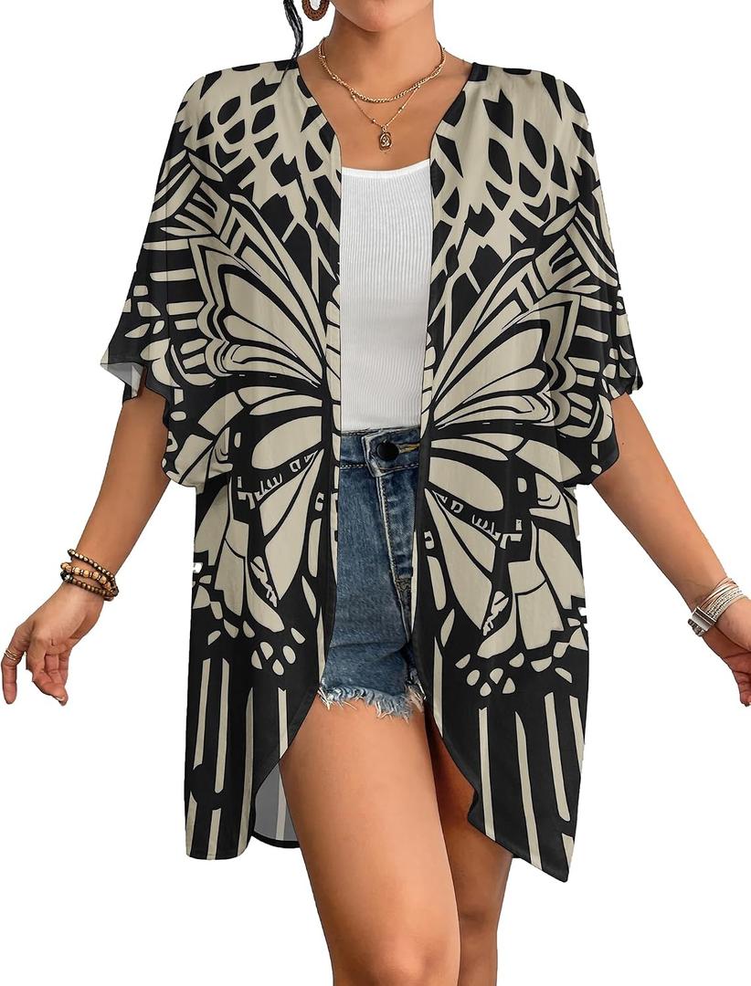 Bsubseach Women's Kimono Bathing Suit Cover Ups Cardigans Floral Loose Open Front Casual CoverUps for Swimwear, Black (Black)