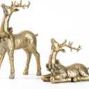 DN DECONATION 2pcs Gold Christmas Reindeer Figurines, Tabletop Reindeer Christmas Decor Indoor, Small Resin Xmas Brass Deer Decorations for Home Mantel Decor (Set of 2)