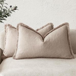 Foindtower Set of 2 Decorative Linen Fringe Lumbar Throw Pillow Covers Farmhouse Cushion Cover with Tassels Accent Pillowcase for Couch Sofa Bed Living Room Home Decor,1220 Inch,Natural Linen