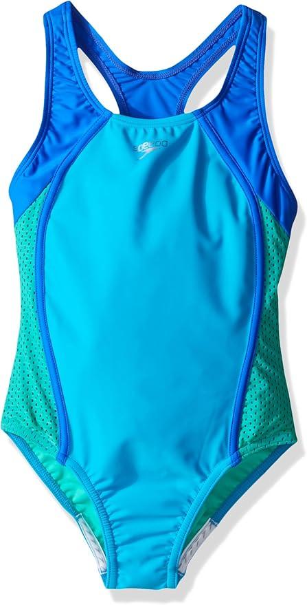 Speedo Girls Mesh Splice Thick Strap One Piece Swimsuit, Cyan, Size 12