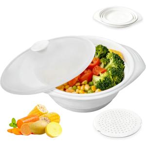 Large White Vegetable Steamer Microwave, Collapsible Microwave Veggie Steamer With Lid, Space-Saving Design, Freezer & Dishwasher Safe, 100% Food Grade Silicone For Cooking Veggies, Dumplings, 44oz