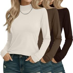 3 Pack Cotton Women's Mock Turtleneck Shirts Long Sleeve Mock Neck Tops Casual Pullover Basic Tees Undershirt (Cream Apricot, Coffee, Brown, XL)