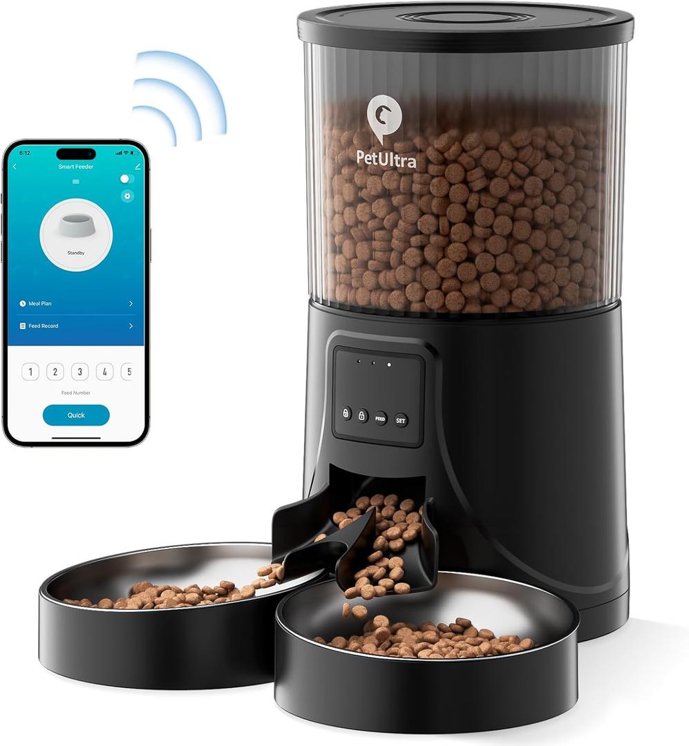 Automatic Cat Feeder for 2 Cats: Cat auto 2.4G WiFi - Timed Smart App Control 1-10 Meals| Automatic Pet Feeder for Cats and Small Dog Indoor- Dual Power& Detachable Clean (Black+Edition)