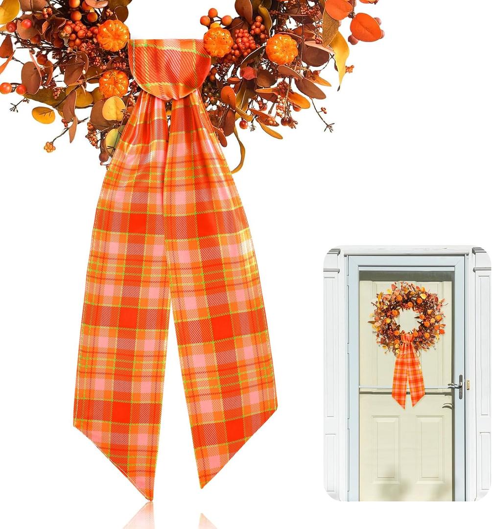 3Pack 2 Pcs Fall Wreath Sash for Front Door 4.5'' X 56'' Thanksgiving Wreath Satin Sash Bow Buffalo Plaid Cotton Wreath Sash Buffalo Check Wreaths DIY Bow for Autumn Garland Doorway Indoor Outdoor Home