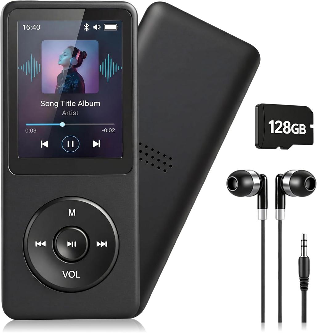 128GB MP3 Player with Bluetooth 5.3 Earphones Included | Portable, HiFi Sound, Built-in Speaker/FM Radio/Voice Recorder/E-Book, Lossless Sound, Multifunctional, Music Player, Slim