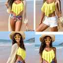 Edelqual Bikini Sets for Women Ruffled Leopard Halter Top Floral High Waisted Tummy Control Crisscross Tie Back Bathing Suit (Yellow, L)