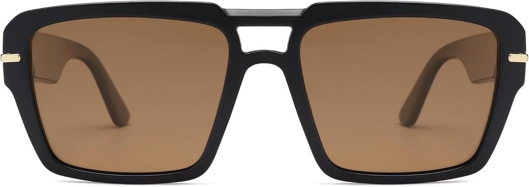 VANLINKER Polarized Trendy Square Double Bridge Aviator Sunglasses for Women Men Retro Vintage Shades VL9835 (Black Frame Brown Lens)
