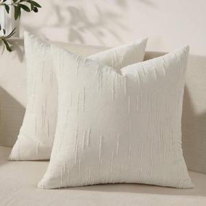 Set of 2 Summer Decorative Throw Pillow Cover 24x24, Solid Farmhouse Neutral Cushion Covers with Hidden Zipper, Soft Textured Throw Pillows for Bedroom Living Room Couch,White