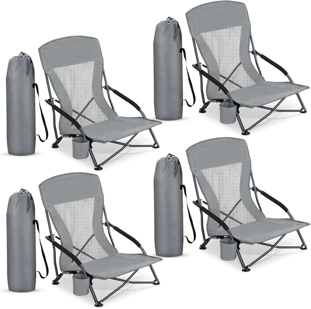 Menkxi 4 Pack Low Beach Chairs for Adults, Portable Folding Sand Chairs with Cup Holder and Carry Bag, Lightweight High Back Camping Chair for Beach Trips, Concerts, BBQ, Lawn, Outdoor (Dark Grey), 21.65 x 22.83 x 27.56 inches
