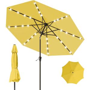 9FT Patio Umbrella with Solar Lights,Outdoor Market Umbrella with Tilt and Crank, LED Lighted Table Umbrella for Garden,Deck,Backyard,Pool,Beach(Yellow)