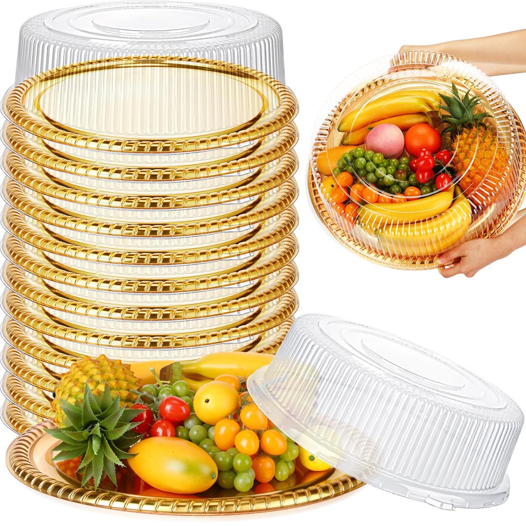 Nitial 12 Pcs Heavy Duty Serving Tray with Clear Lid, Round Elegant Gold Catering Trays Disposable Large Plastic Platters for Fruit Cake Sandwich Food Picnic Christmas Party Supplies (12 Inches)