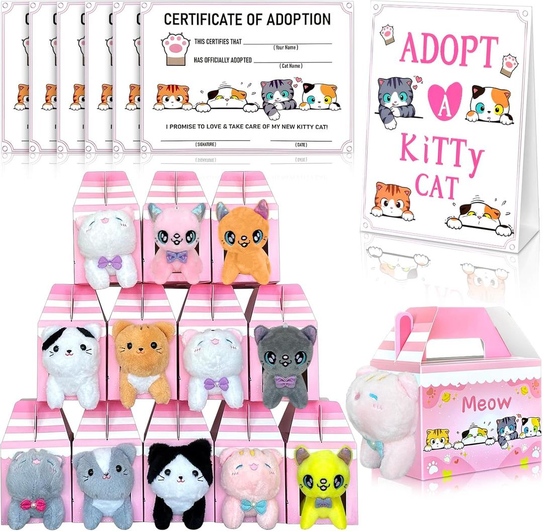 37 Pcs Adopt a Cat Party Favors Include 12 Foldable Kitten Boxes 12 Mini Stuffed Cat 12 Card 1 Stand for Adopt a Kitty Party Favors Kitten Supplies Gifts