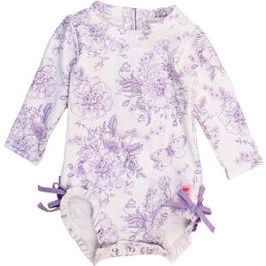 RuffleButts Baby Girls UPF 50+ Sun Protection Floral Printed Long Sleeve One Piece Rash Guard Swimsuit with Zipper (2T, Wisteria Purple Butterfly Garden)